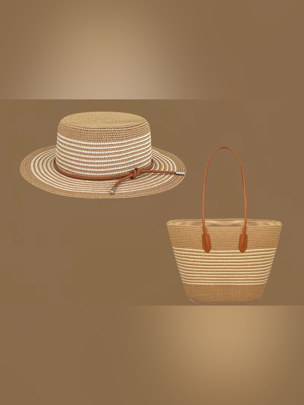 NWT Two-Piece Striped Straw Sun Hat & Tote Bag Beach Set